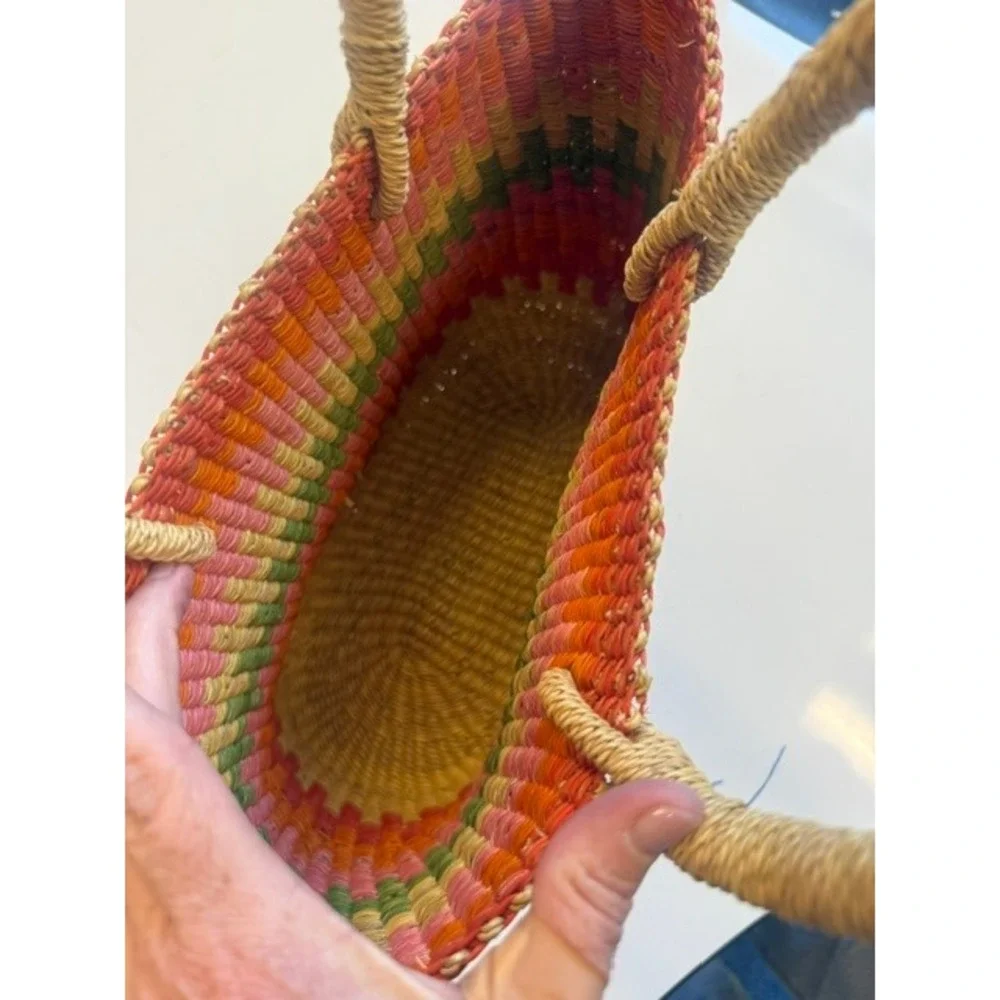 Vintage Bolga Basket Bag Multicolor Woven Tote Raffia Tassel Ghana 1970s Boho